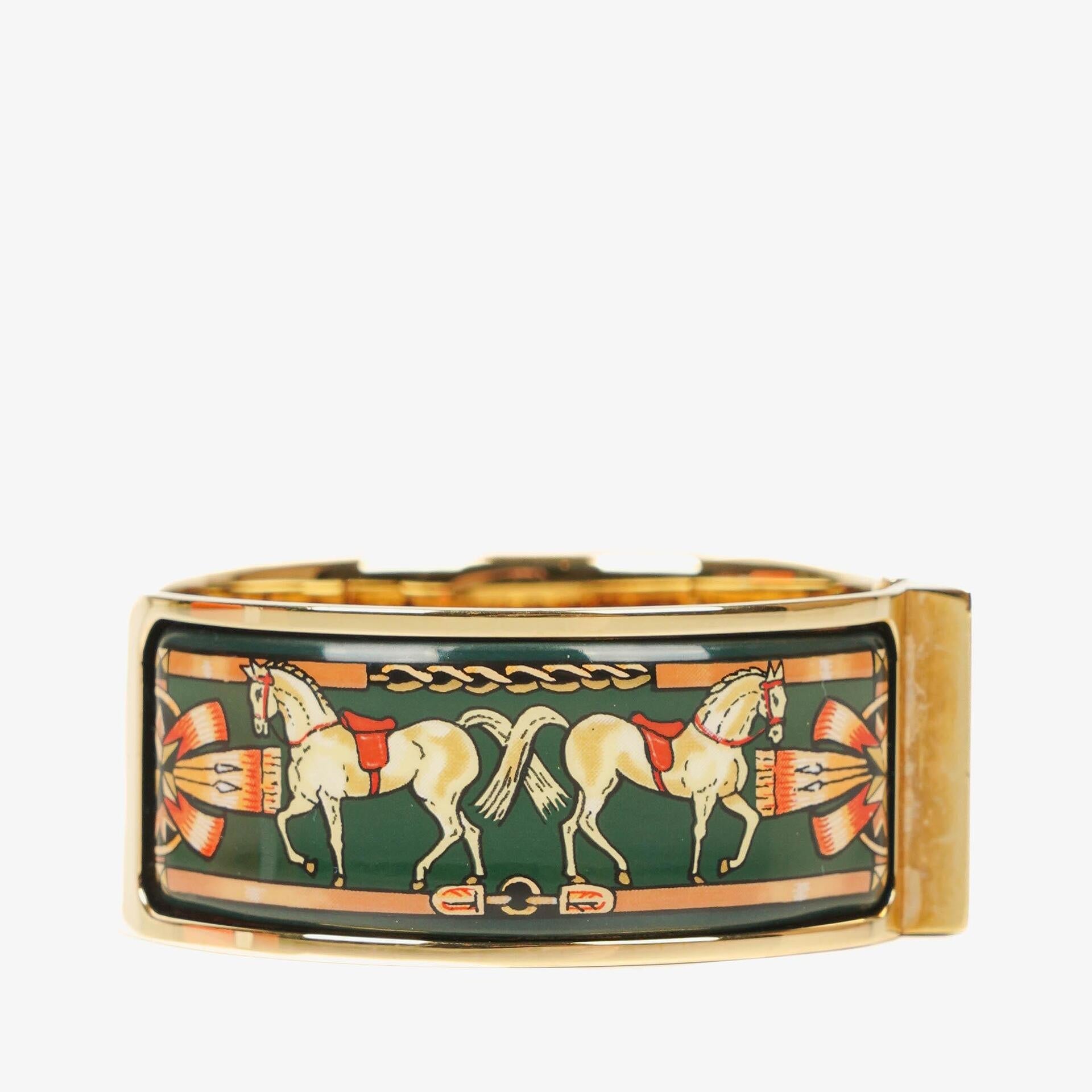 Hermes Grüne Reitsport Emaille und Vergoldete Loquet Armreif Quarzuhr L01.201