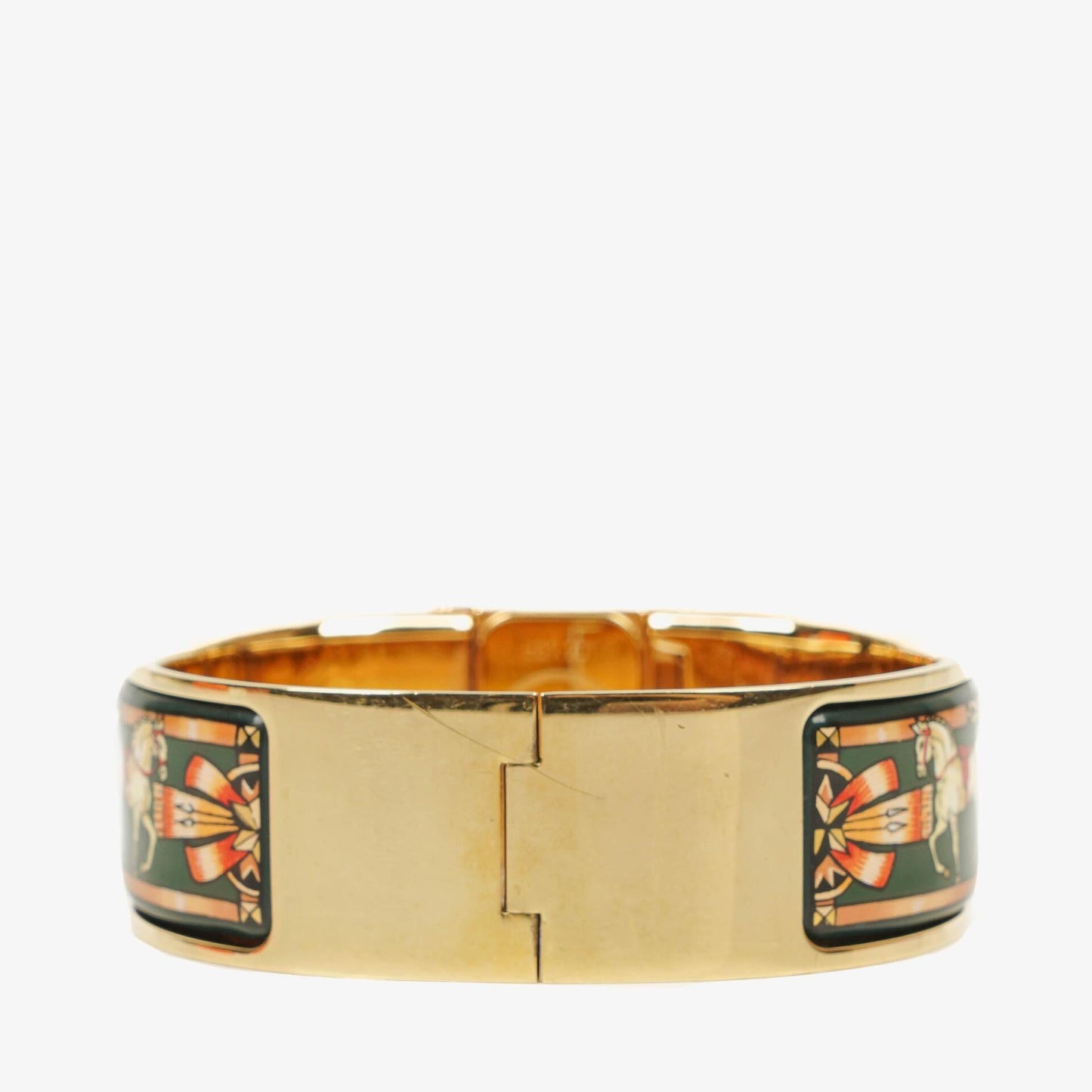 Hermes Grüne Reitsport Emaille und Vergoldete Loquet Armreif Quarzuhr L01.201
