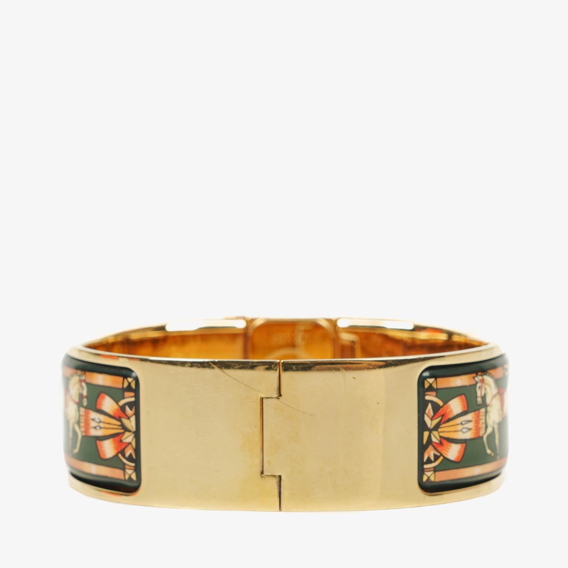 Hermes Grüne Reitsport Emaille und Vergoldete Loquet Armreif Quarzuhr L01.201
