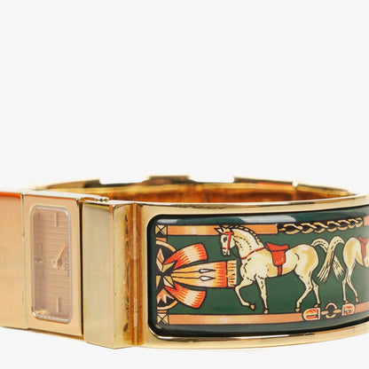 Hermes Grüne Reitsport Emaille und Vergoldete Loquet Armreif Quarzuhr L01.201