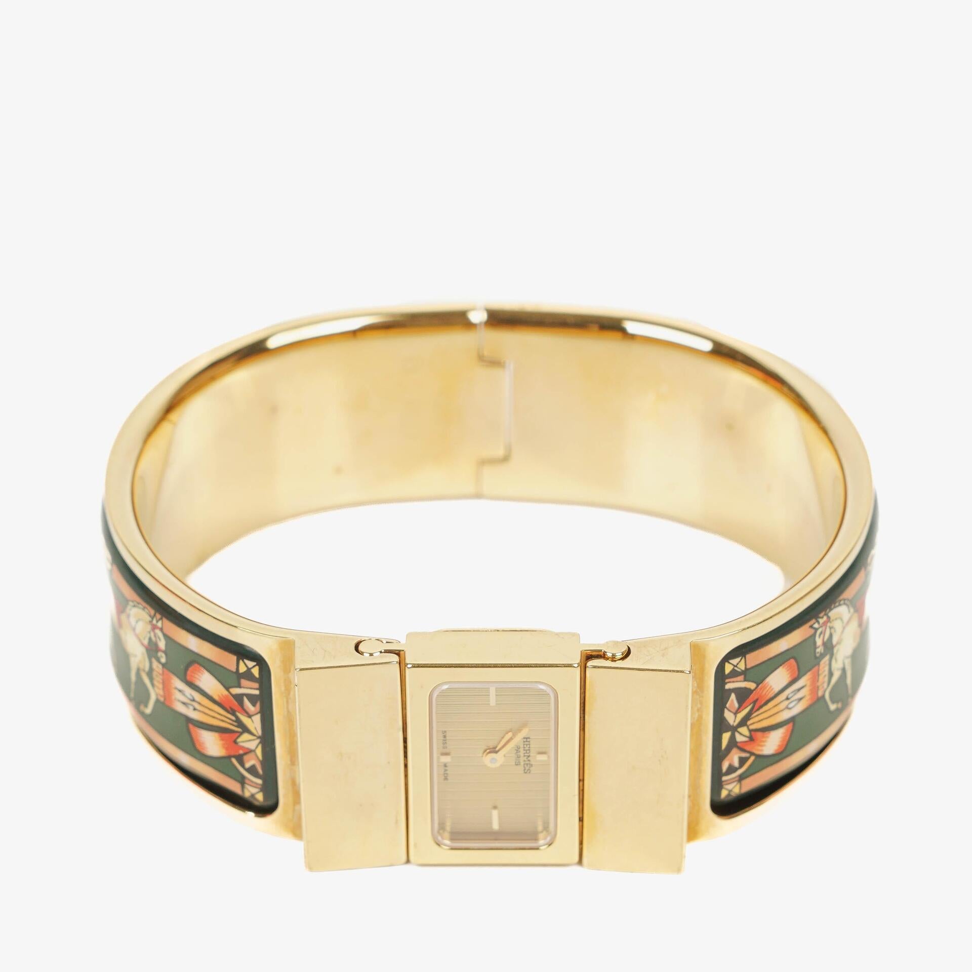 Hermes Grüne Reitsport Emaille und Vergoldete Loquet Armreif Quarzuhr L01.201