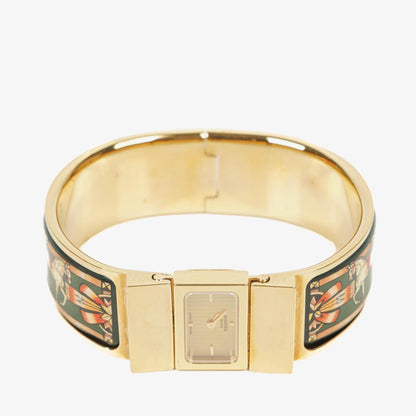 Hermes Grüne Reitsport Emaille und Vergoldete Loquet Armreif Quarzuhr L01.201