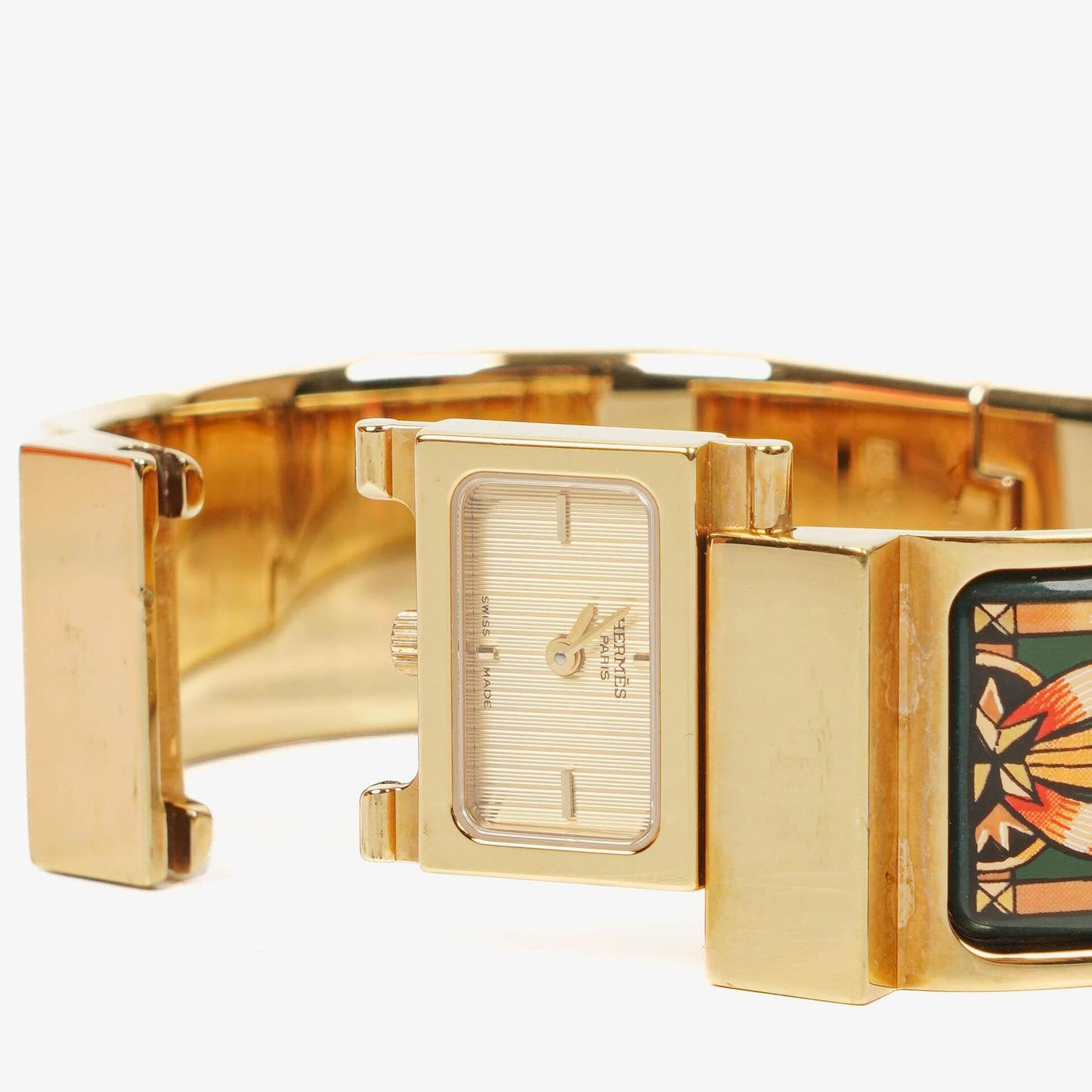 Hermes Grüne Reitsport Emaille und Vergoldete Loquet Armreif Quarzuhr L01.201