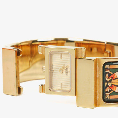 Hermes Grüne Reitsport Emaille und Vergoldete Loquet Armreif Quarzuhr L01.201