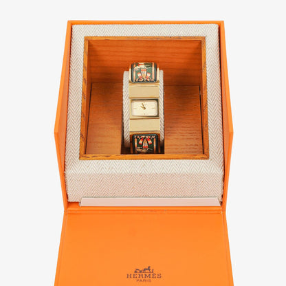 Hermes Grüne Reitsport Emaille und Vergoldete Loquet Armreif Quarzuhr L01.201