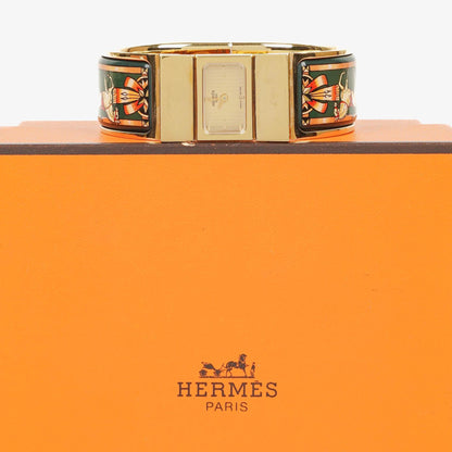 Hermes Grüne Reitsport Emaille und Vergoldete Loquet Armreif Quarzuhr L01.201