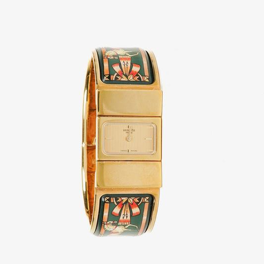 Hermes Grünes Reitsport Emaille und Vergoldetes Loquet Armreif Quarzuhr L01.201