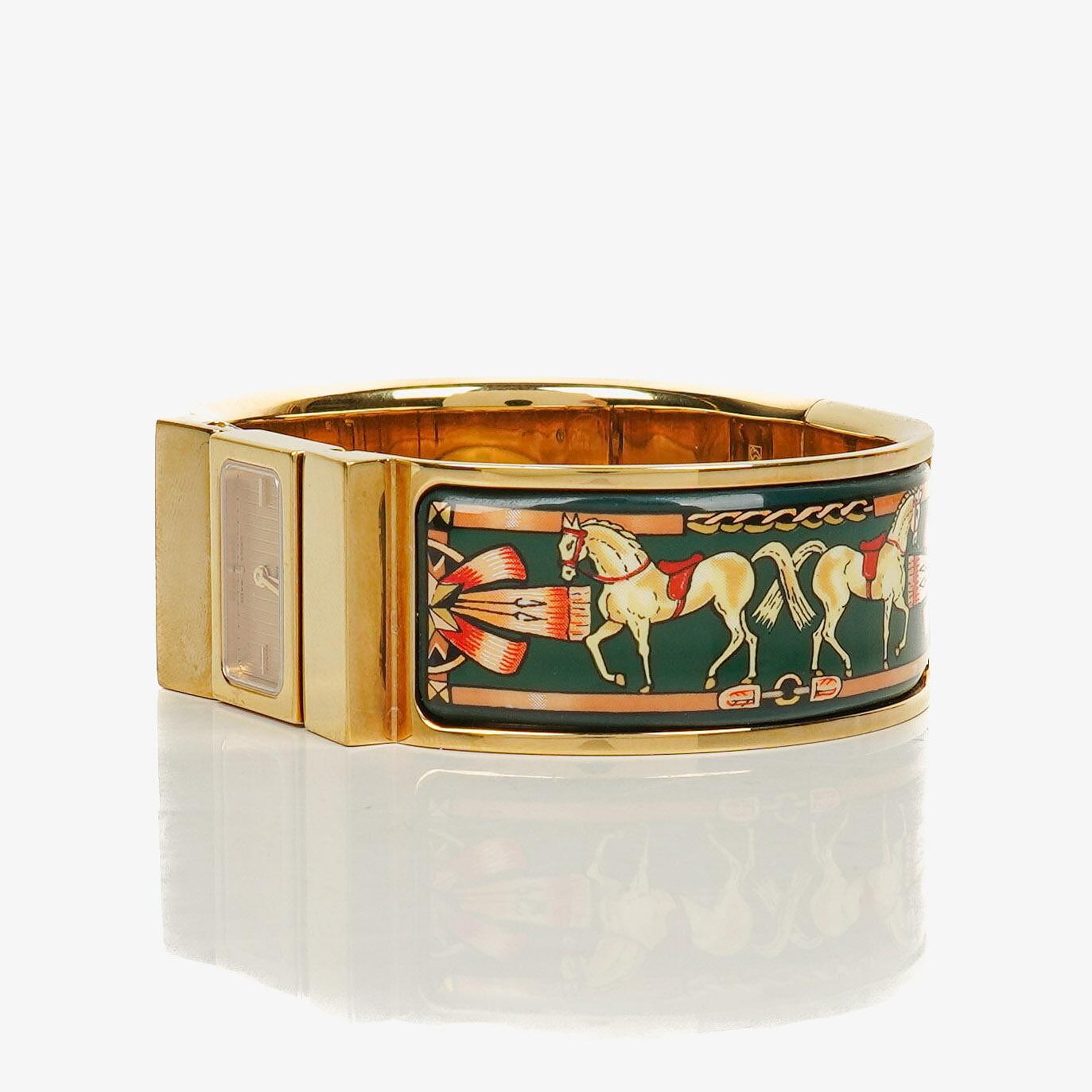 Hermes Grünes Reitsport Emaille und Vergoldetes Loquet Armreif Quarzuhr L01.201