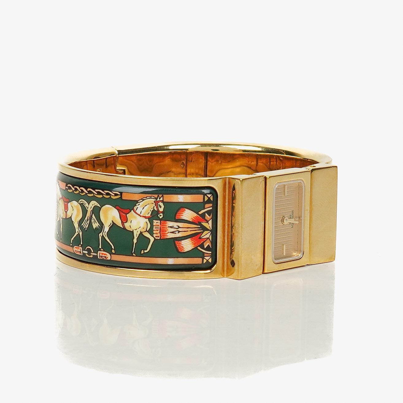 Hermes Grünes Reitsport Emaille und Vergoldetes Loquet Armreif Quarzuhr L01.201