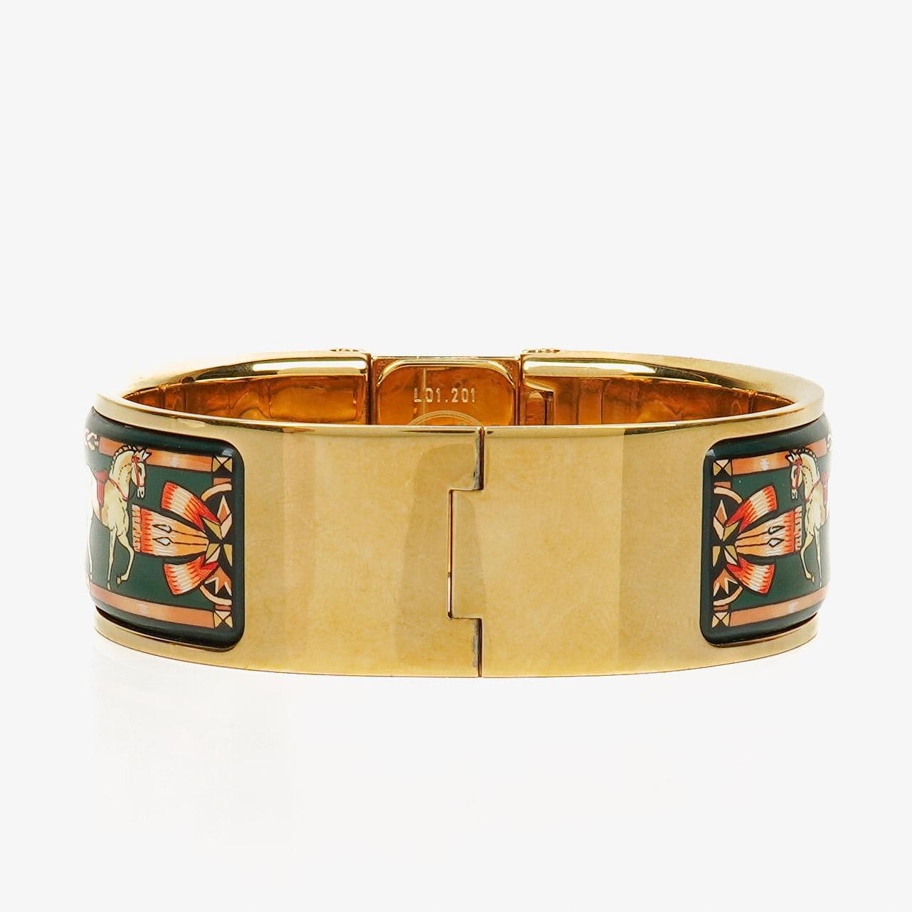 Hermes Grünes Reitsport Emaille und Vergoldetes Loquet Armreif Quarzuhr L01.201