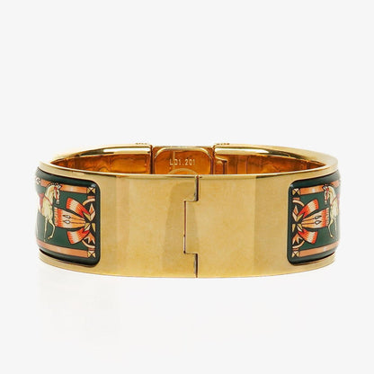 Hermes Grünes Reitsport Emaille und Vergoldetes Loquet Armreif Quarzuhr L01.201