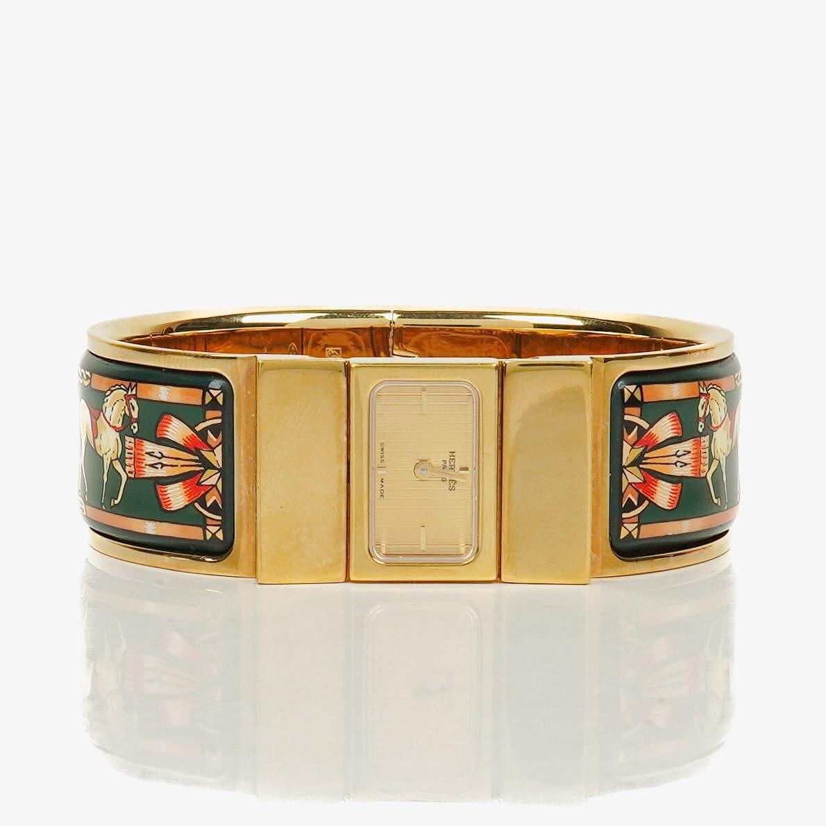 Hermes Grünes Reitsport Emaille und Vergoldetes Loquet Armreif Quarzuhr L01.201