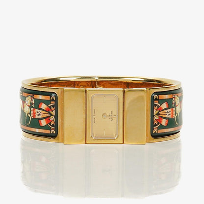 Hermes Grünes Reitsport Emaille und Vergoldetes Loquet Armreif Quarzuhr L01.201