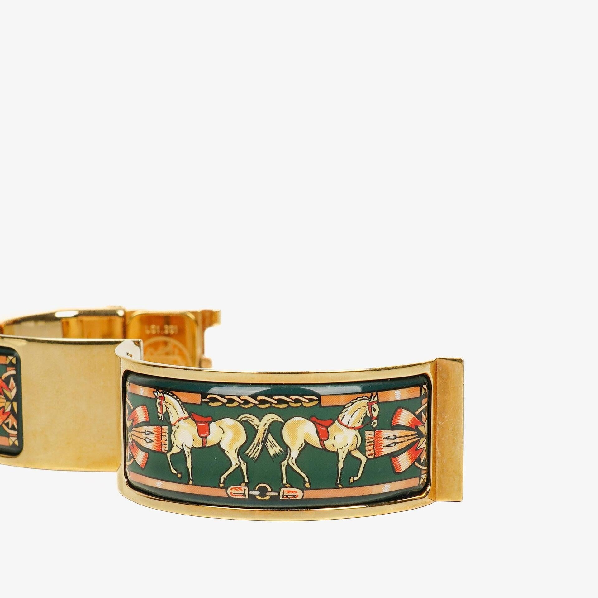 Hermes Grünes Reitsport Emaille und Vergoldetes Loquet Armreif Quarzuhr L01.201