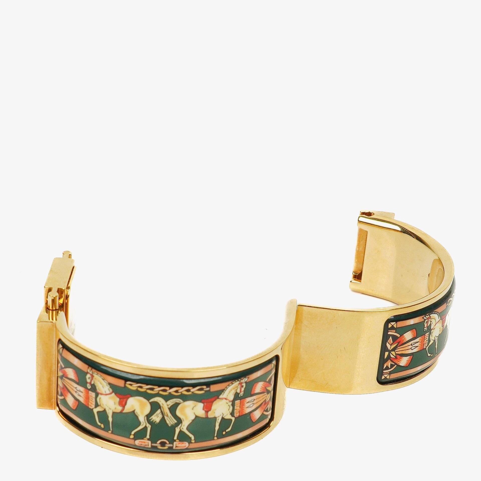 Hermes Grünes Reitsport Emaille und Vergoldetes Loquet Armreif Quarzuhr L01.201