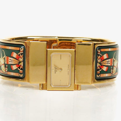 Hermes Grünes Reitsport Emaille und Vergoldetes Loquet Armreif Quarzuhr L01.201