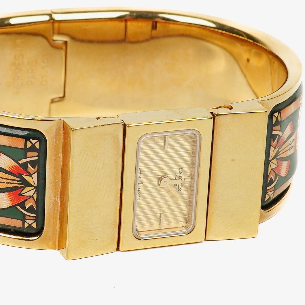 Hermes Grünes Reitsport Emaille und Vergoldetes Loquet Armreif Quarzuhr L01.201