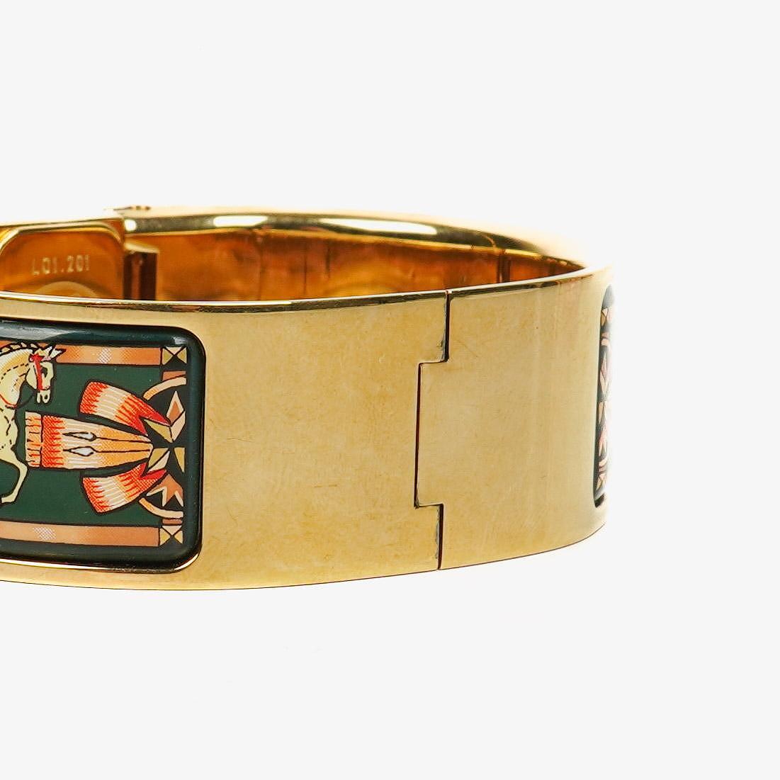 Hermes Grünes Reitsport Emaille und Vergoldetes Loquet Armreif Quarzuhr L01.201