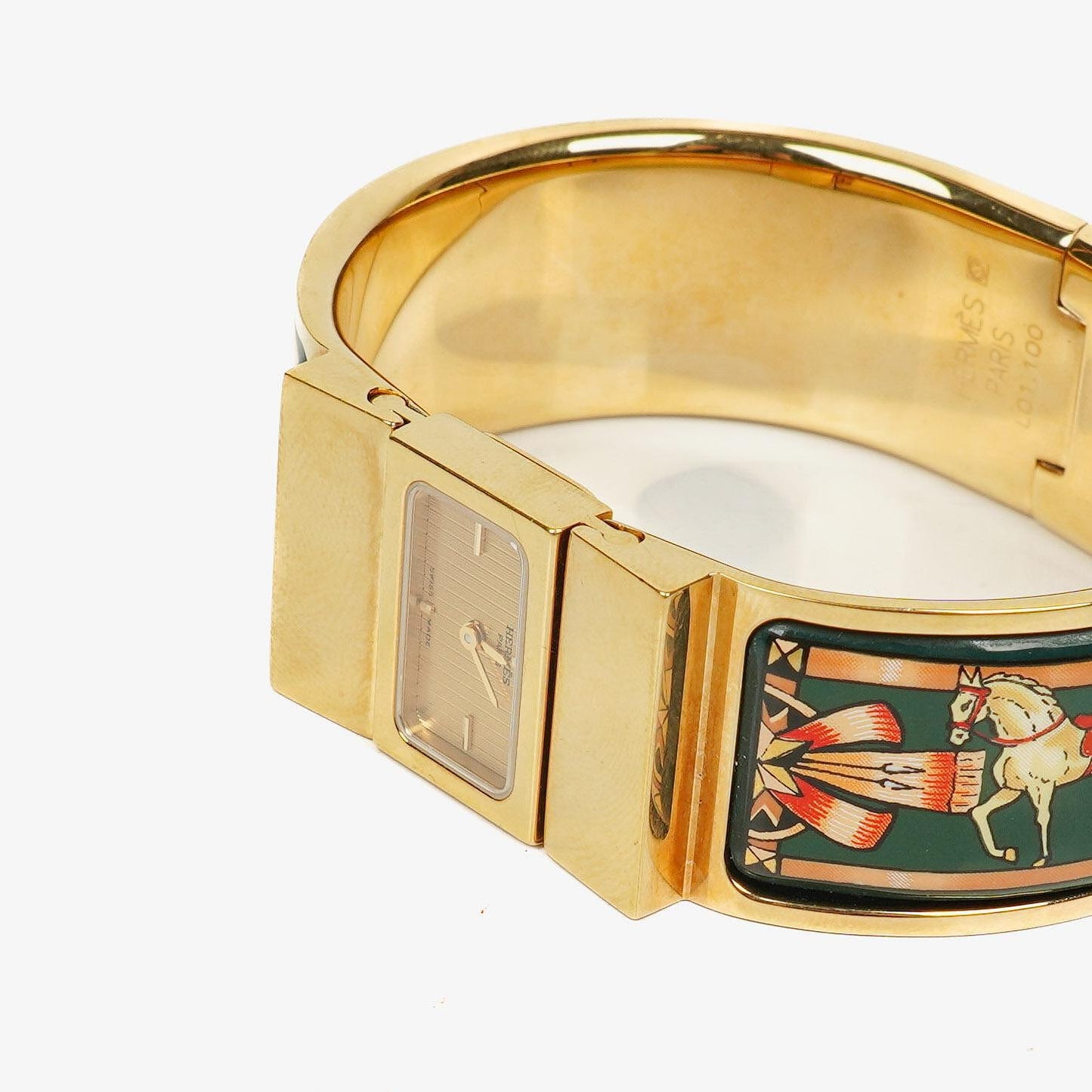 Hermes Grünes Reitsport Emaille und Vergoldetes Loquet Armreif Quarzuhr L01.201