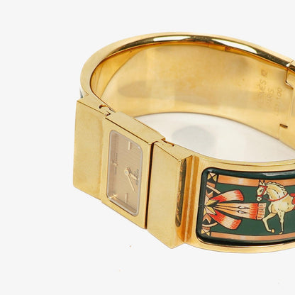 Hermes Grünes Reitsport Emaille und Vergoldetes Loquet Armreif Quarzuhr L01.201