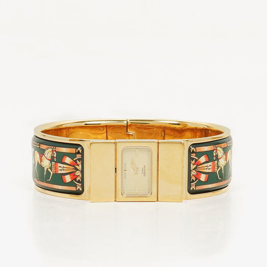 Hermès Loquet L01.201 Armreif-Quarzuhr mit grünem Reitsport-Emaille und Vergoldung