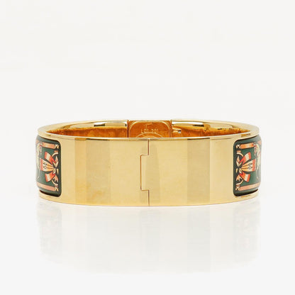 Hermès Loquet L01.201 Armreif-Quarzuhr mit grünem Reitsport-Emaille und Vergoldung