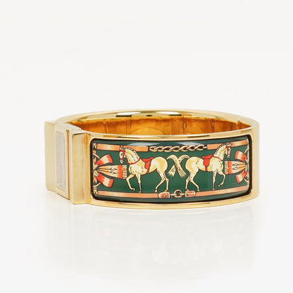 Hermès Loquet L01.201 Armreif-Quarzuhr mit grünem Reitsport-Emaille und Vergoldung