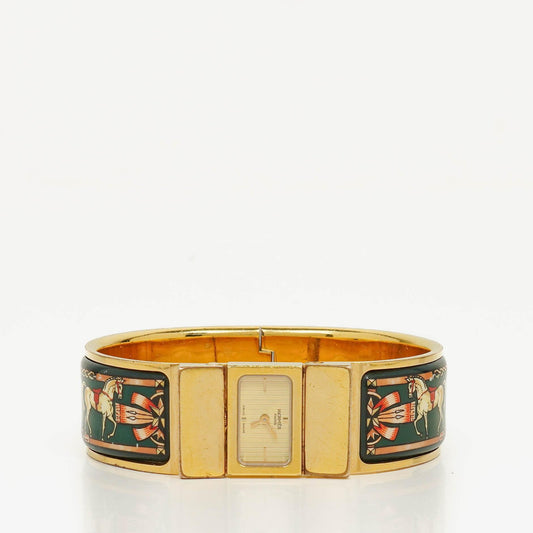 Hermès Loquet Armreif-Quarzuhr L01.201 mit grünem Reitsport-Emaille und Vergoldung