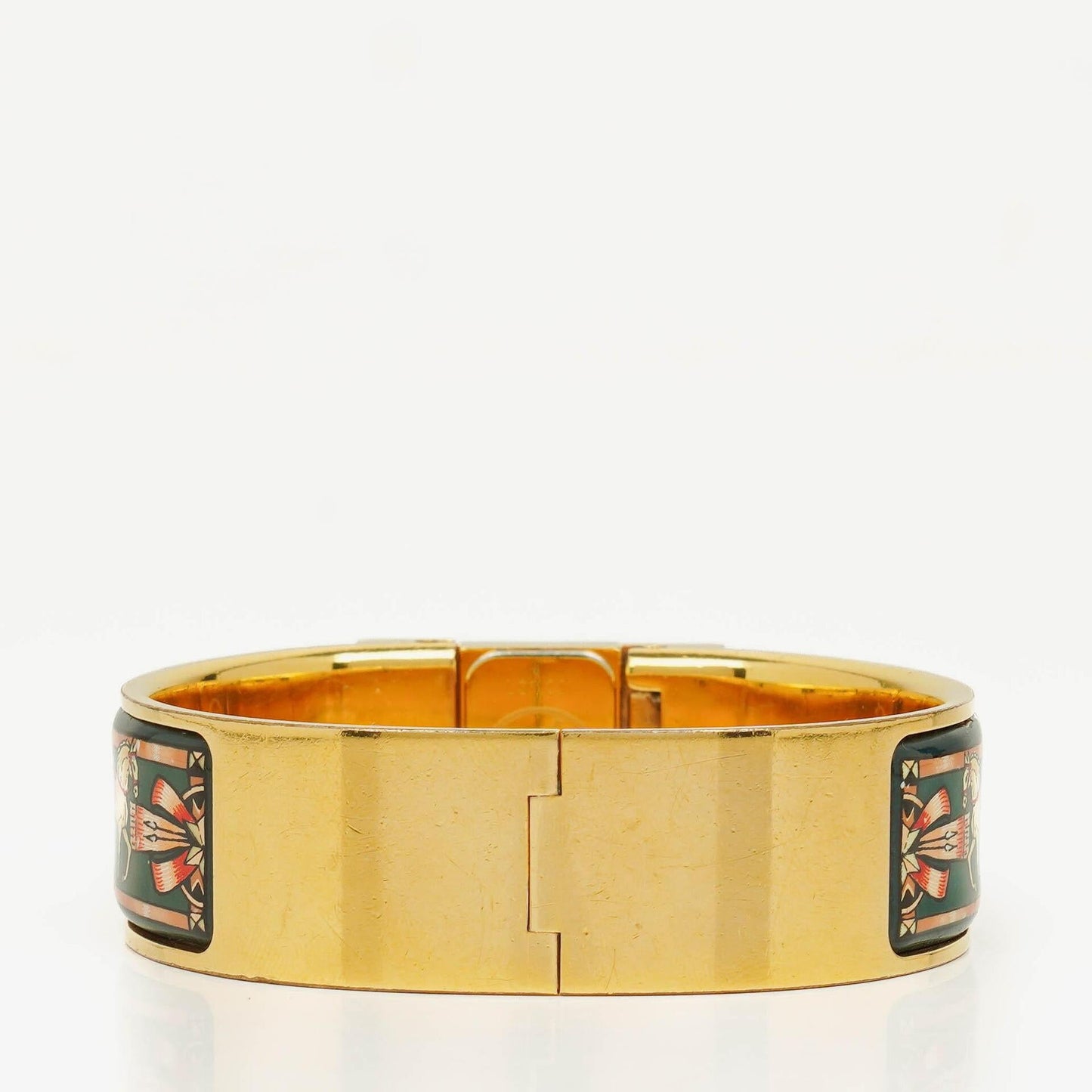 Hermès Loquet Armreif-Quarzuhr L01.201 mit grünem Reitsport-Emaille und Vergoldung