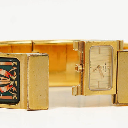 Hermès Loquet Armreif-Quarzuhr L01.201 mit grünem Reitsport-Emaille und Vergoldung