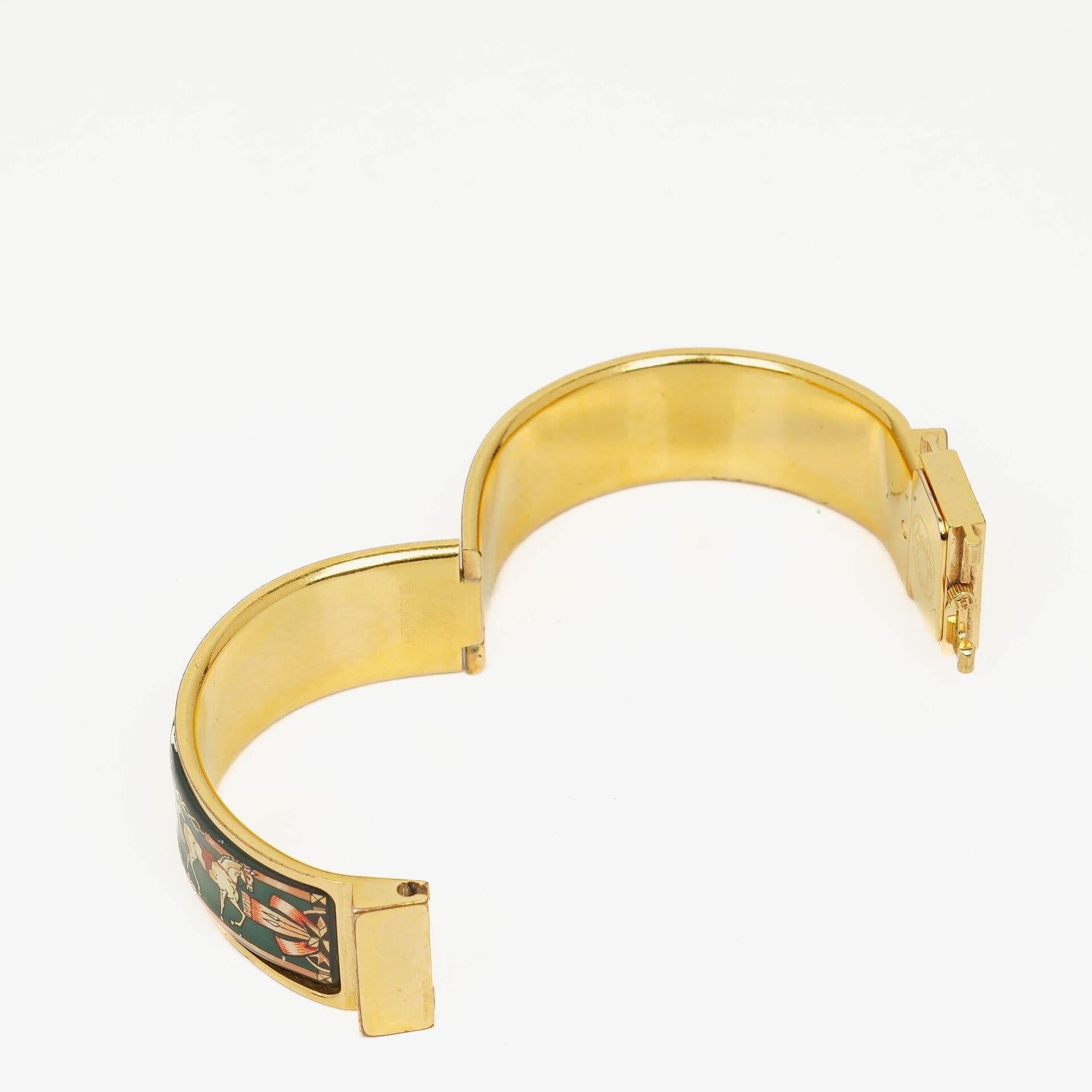 Hermès Loquet Armreif-Quarzuhr L01.201 mit grünem Reitsport-Emaille und Vergoldung