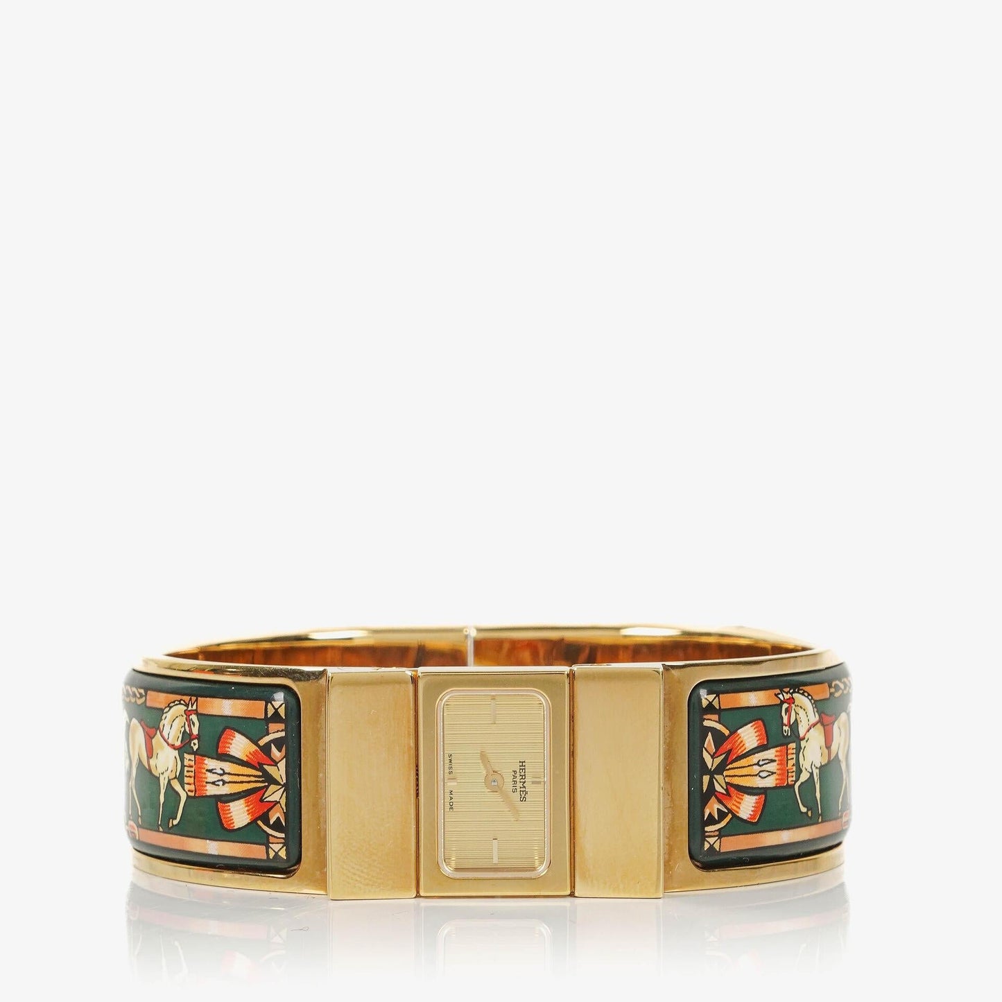 Hermès Loquet L01.201 Armreif-Quarzuhr mit grünem Reitsport-Emaille und Vergoldung