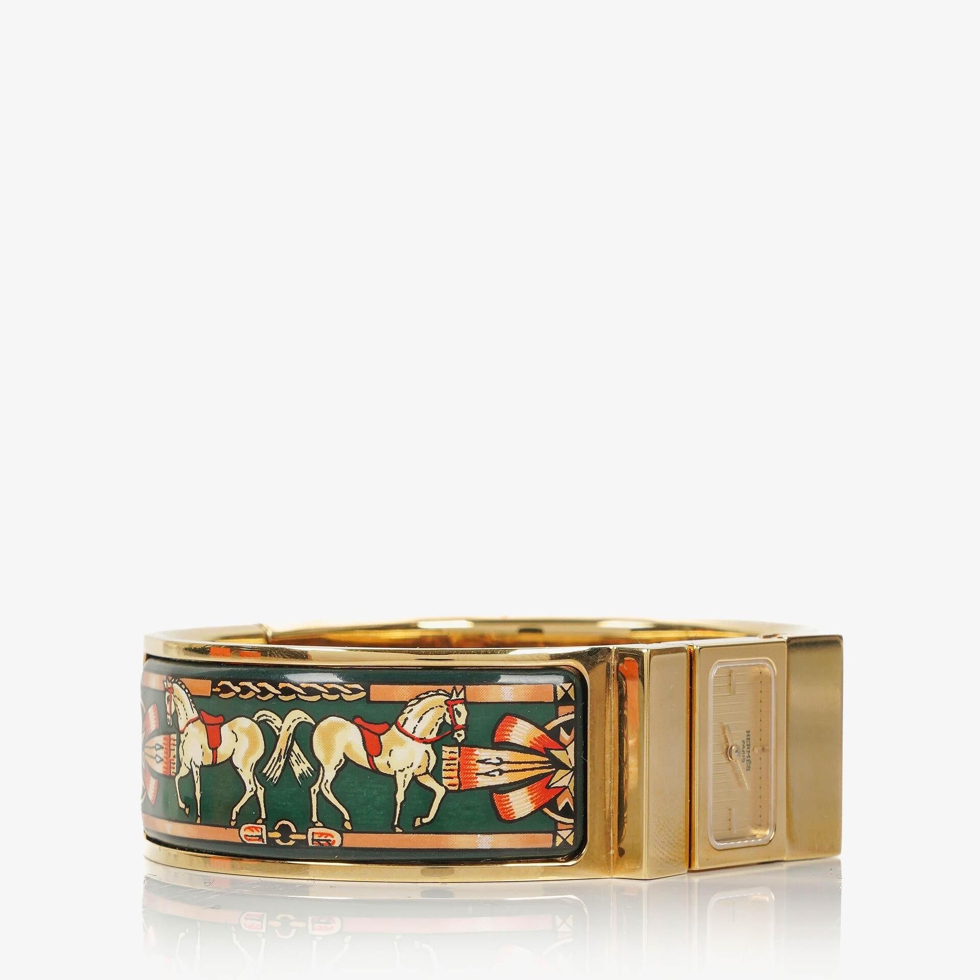 Hermès Loquet L01.201 Armreif-Quarzuhr mit grünem Reitsport-Emaille und Vergoldung