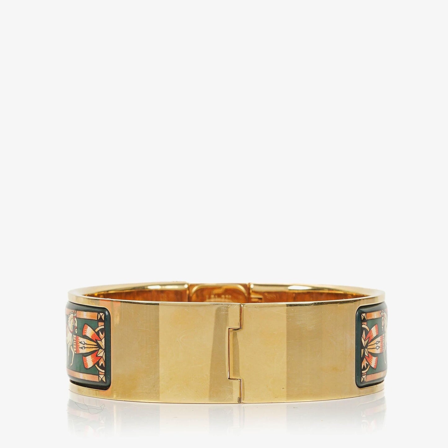 Hermès Loquet L01.201 Armreif-Quarzuhr mit grünem Reitsport-Emaille und Vergoldung