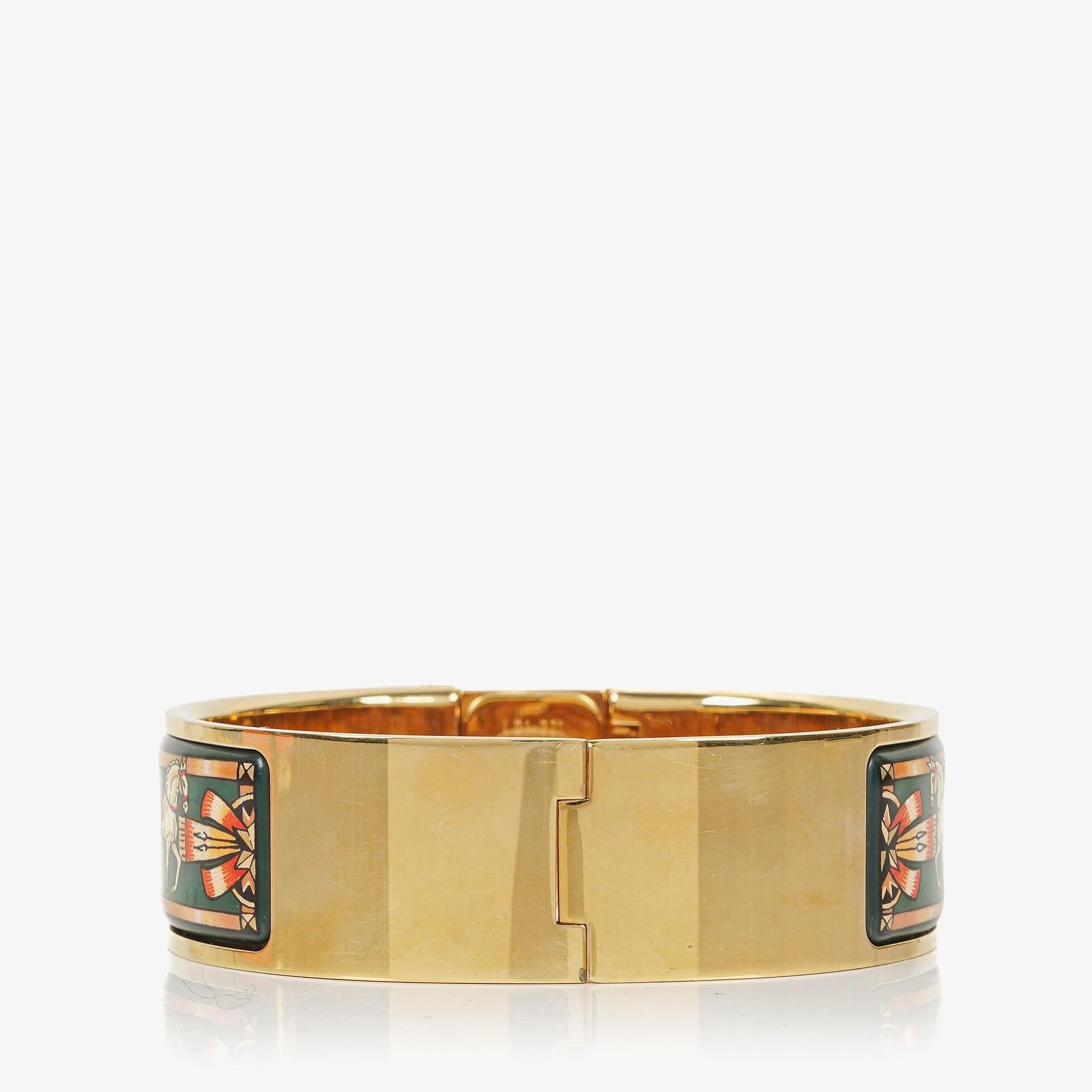 Hermès Loquet L01.201 Armreif-Quarzuhr mit grünem Reitsport-Emaille und Vergoldung