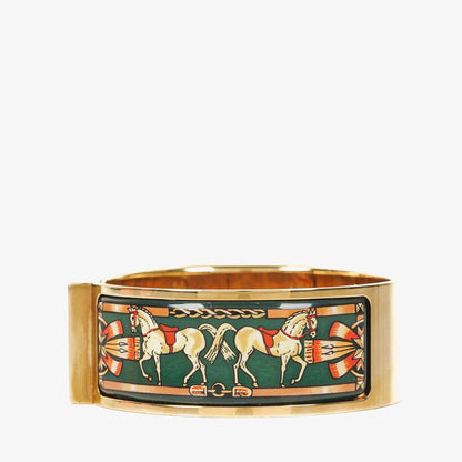 Hermès Loquet L01.201 Armreif-Quarzuhr mit grünem Reitsport-Emaille und Vergoldung