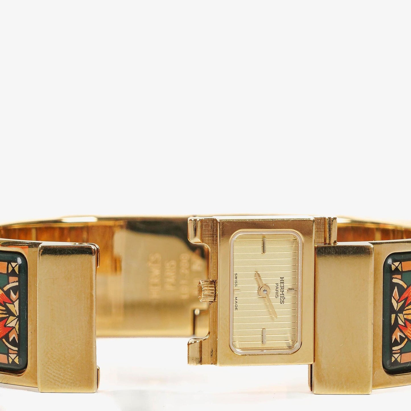 Hermès Loquet L01.201 Armreif-Quarzuhr mit grünem Reitsport-Emaille und Vergoldung