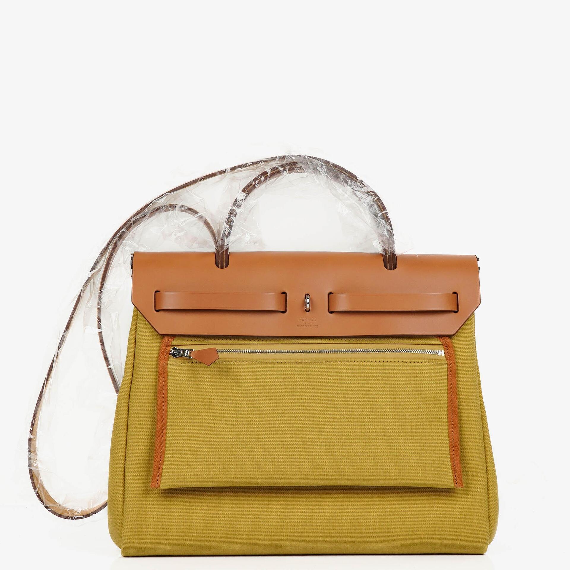 Hermes Herbag 31 Zip Retourne PM Vache Hunter Militär Toile Ginger Naturel
