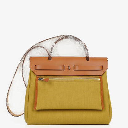 Hermes Herbag 31 Zip Retourne PM Vache Hunter Militär Toile Ginger Naturel