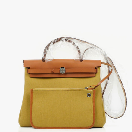 Hermes Herbag 31 Zip Retourne PM Vache Hunter Militär Toile Ginger Naturel