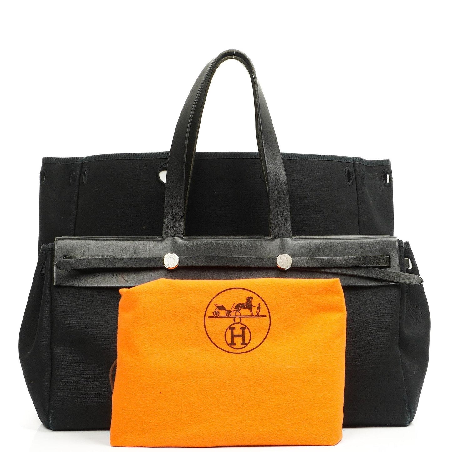 Hermes Herbag Cabas Schwarze Toile Vache Hunter MM 2 in 1 Tasche
