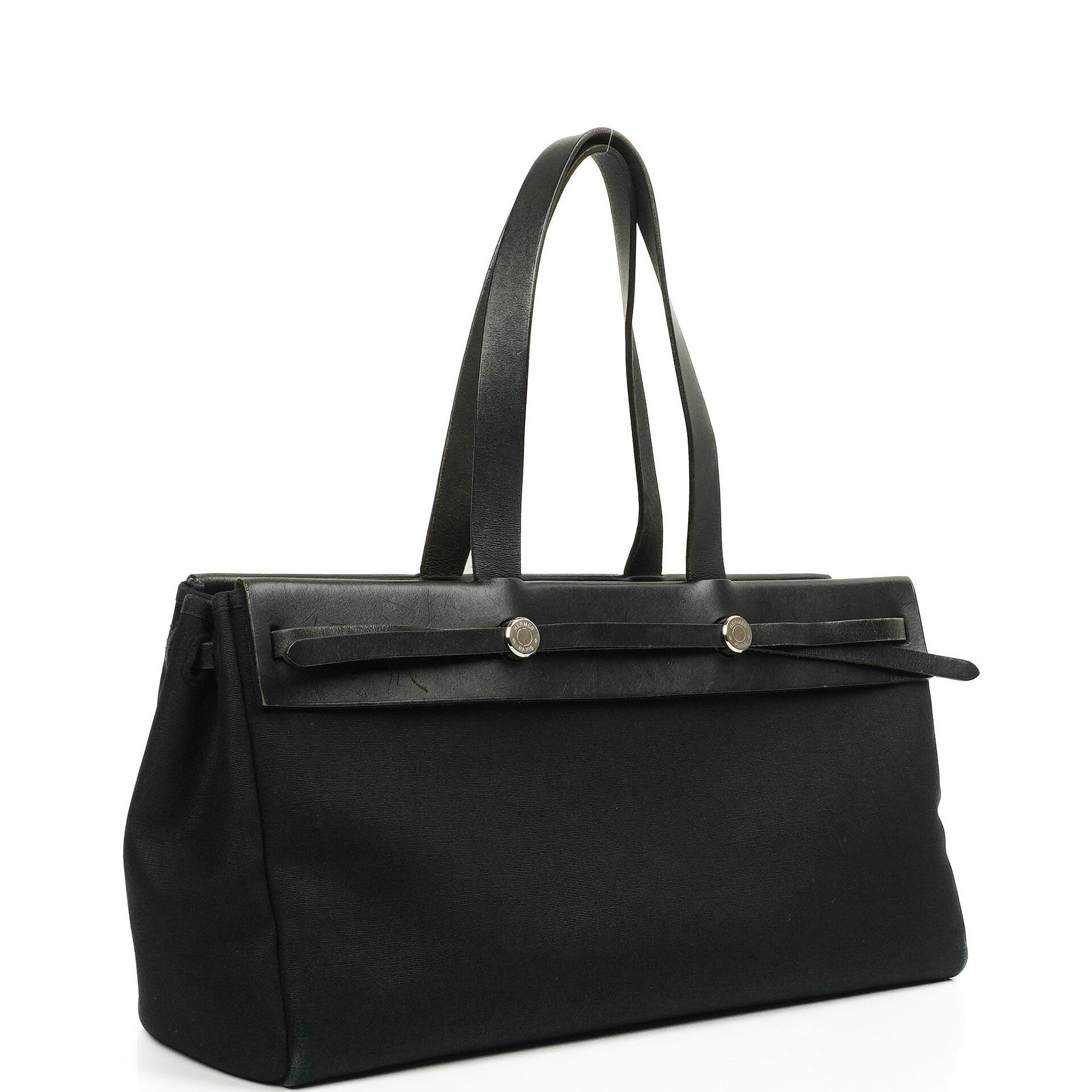 Hermes Herbag Cabas Schwarze Toile Vache Hunter MM 2 in 1 Tasche