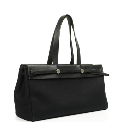 Hermes Herbag Cabas Schwarze Toile Vache Hunter MM 2 in 1 Tasche