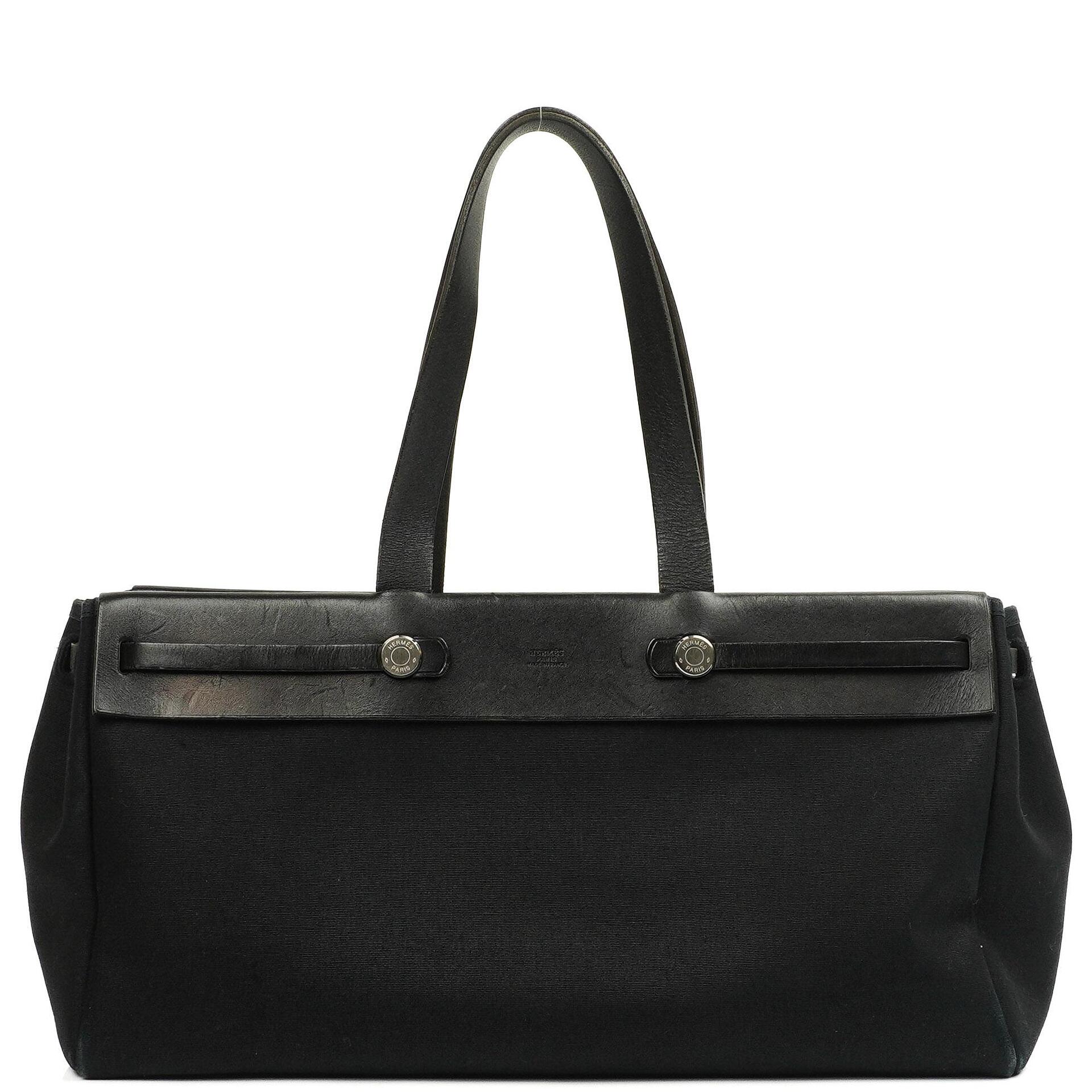 Hermes Herbag Cabas Schwarze Toile Vache Hunter MM 2 in 1 Tasche
