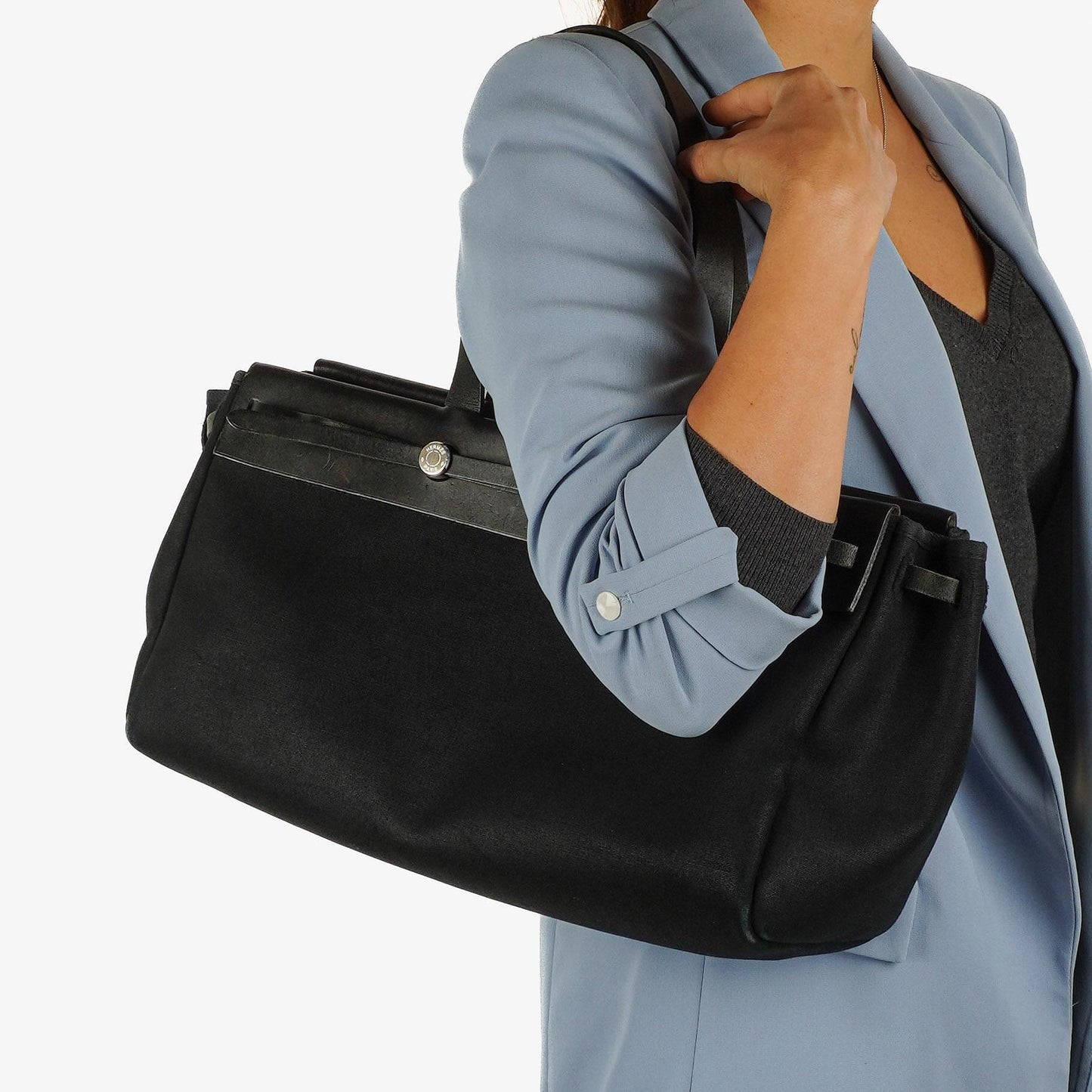 Hermes Herbag Cabas Schwarze Toile Vache Hunter MM 2 in 1 Tasche
