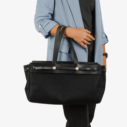 Hermes Herbag Cabas Schwarze Toile Vache Hunter MM 2 in 1 Tasche