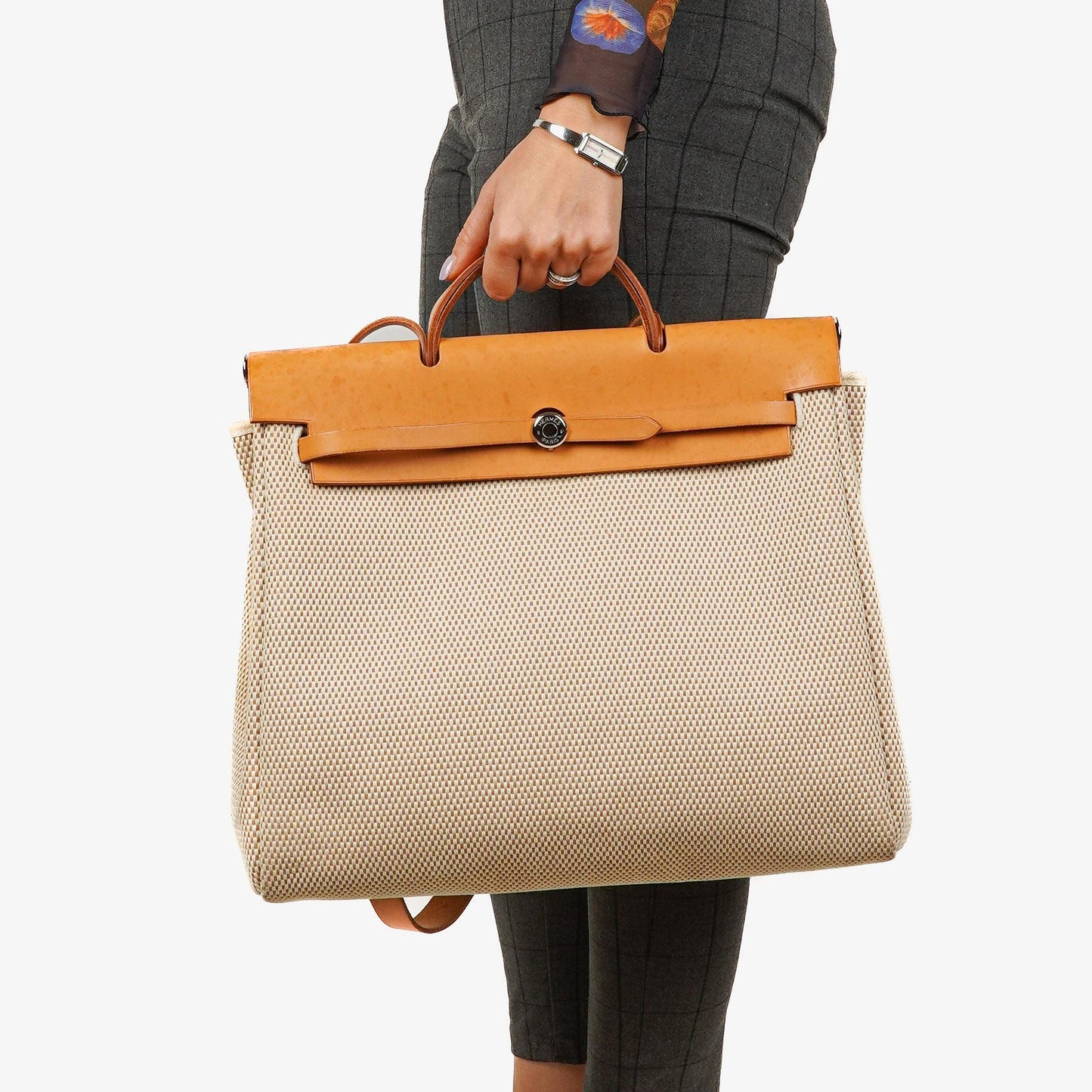 Hermès Herbag MM 2-in-1 Tasche aus Natural Toile und Vache Hunter