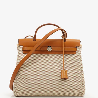 Hermes Herbag PM Vache Hunter Criss Viking 30 Ecru Beige Naturel 2-Wege Tasche Palladium Hardware