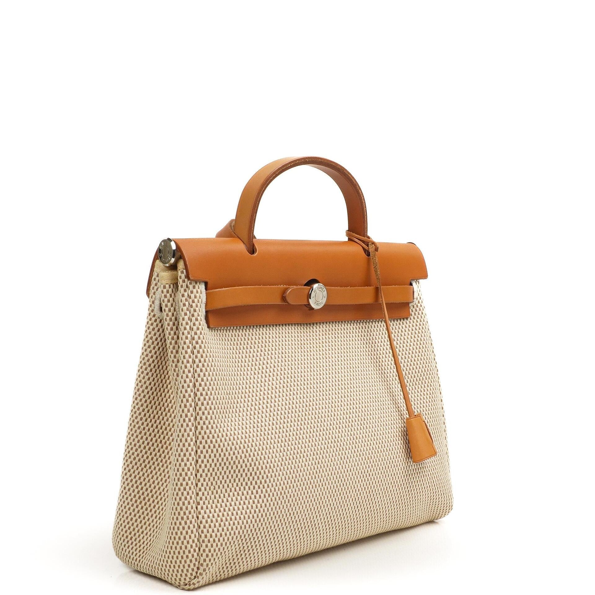 Hermes Herbag PM Vache Hunter Criss Viking 30 Ecru Beige Naturel 2-Wege Tasche Palladium Hardware