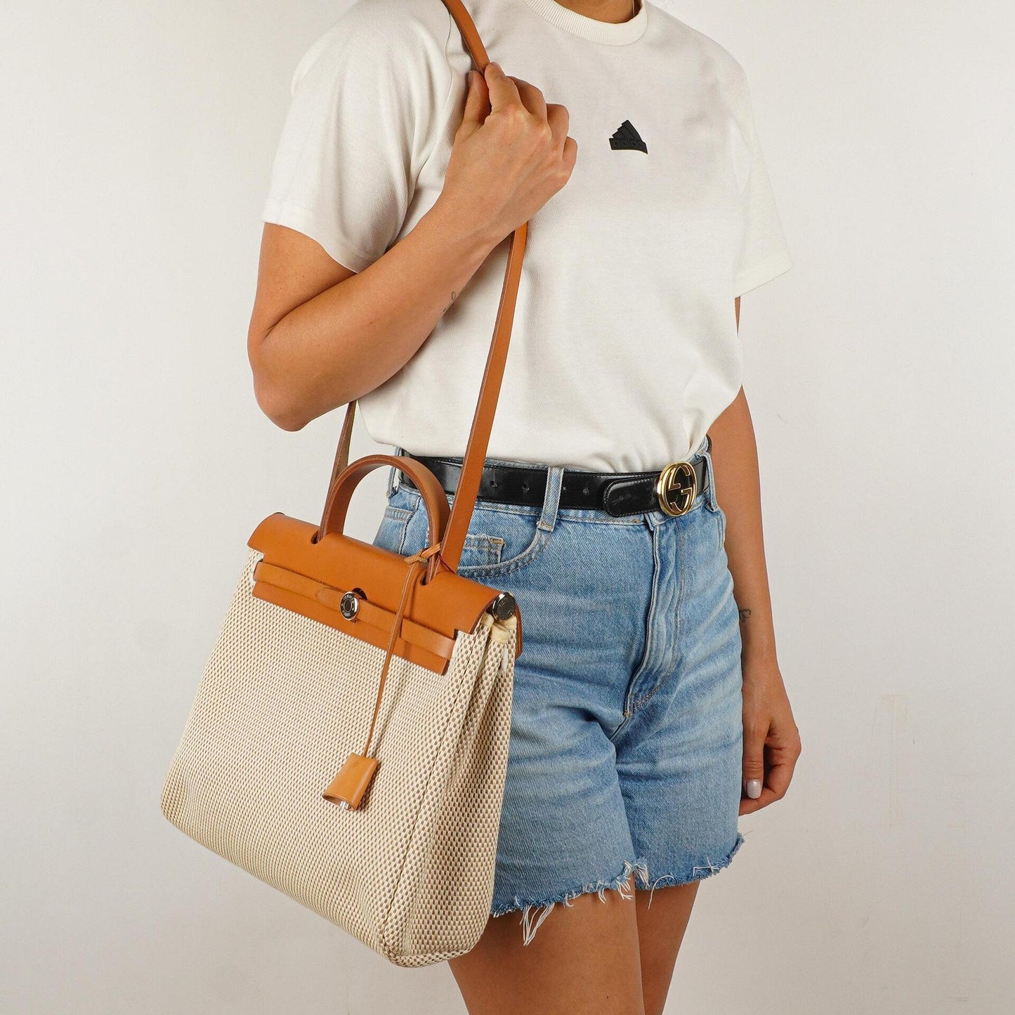 Hermes Herbag PM Vache Hunter Criss Viking 30 Ecru Beige Naturel 2-Wege Tasche Palladium Hardware